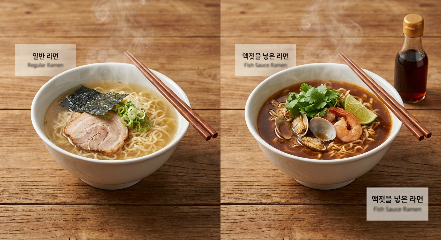 액젓을 넣은 라면과 일반 라면의 비교
