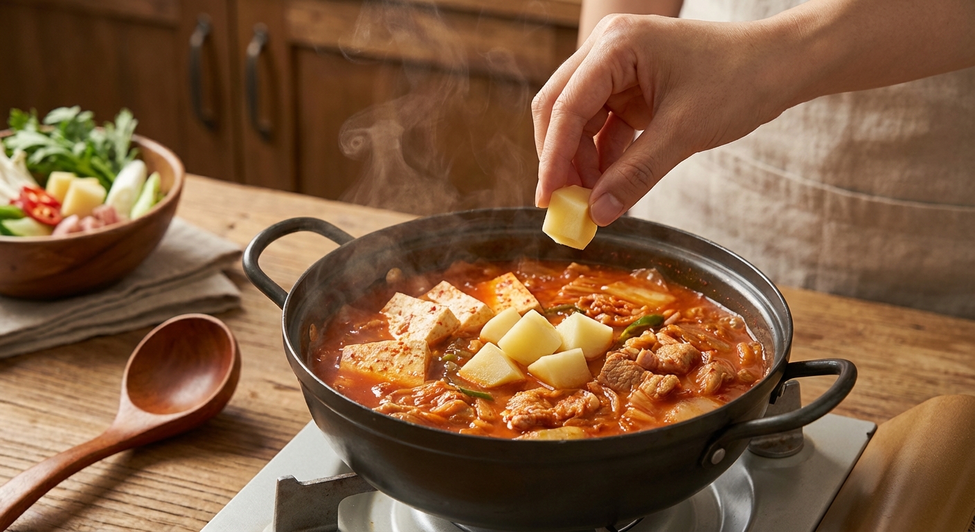 찌개에 감자를 넣는 모습