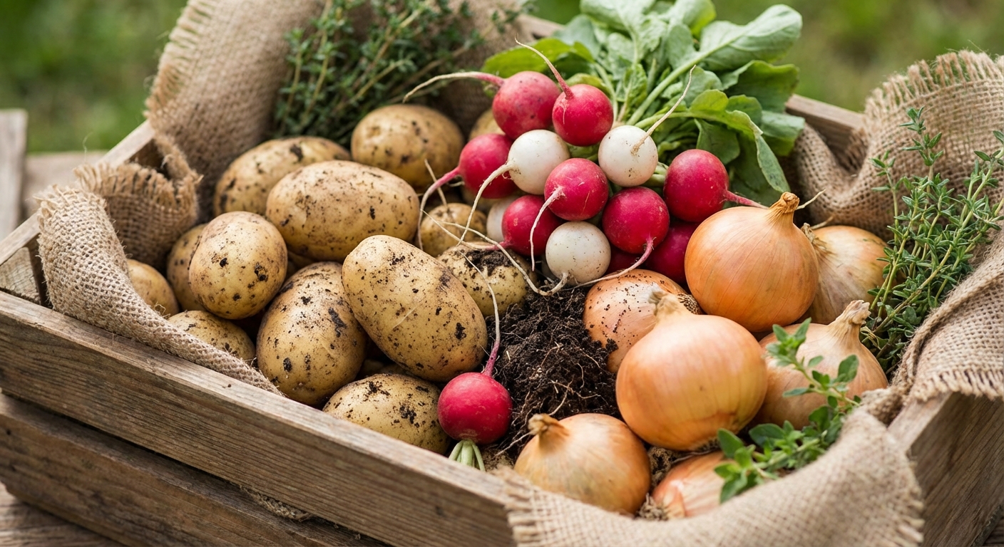 감자, 무, 양파가 함께 있는 모습