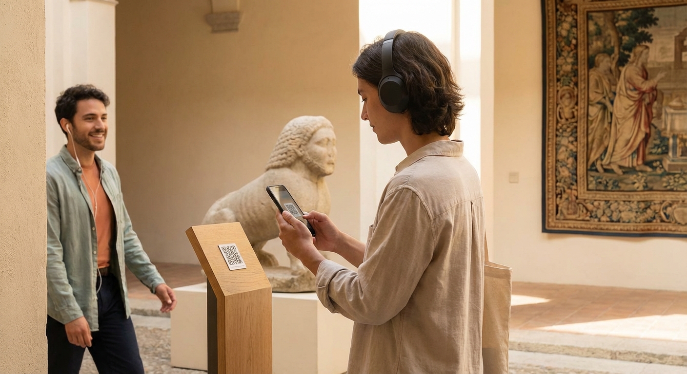 QR코드 스캔으로 오디오 가이드를 듣는 모습