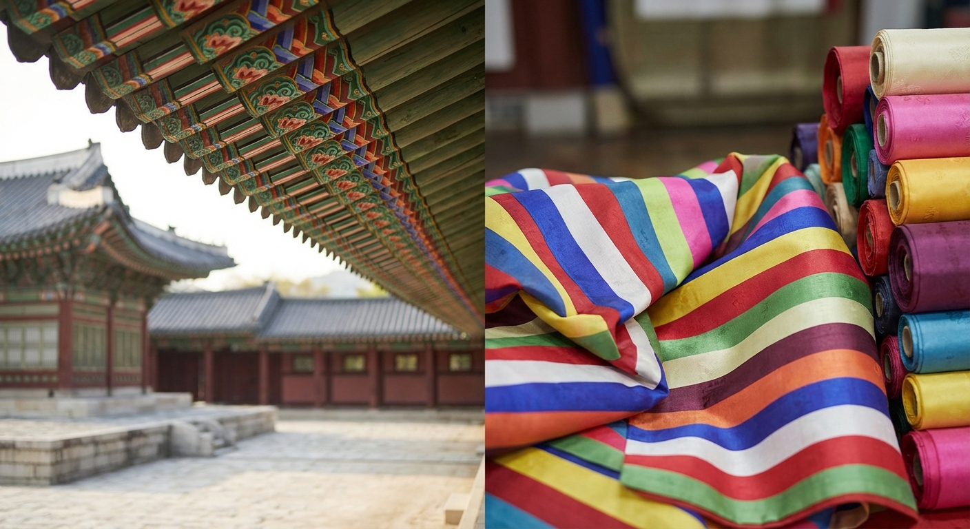 궁궐 단청과 전통 색동 비교 이미지