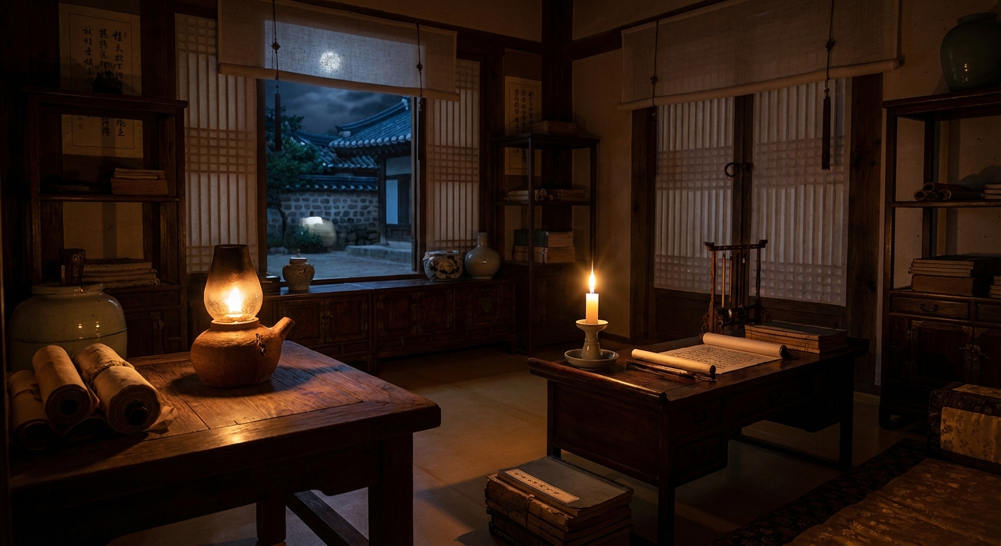 조선시대 호롱불과 촛불의 어두운 조명