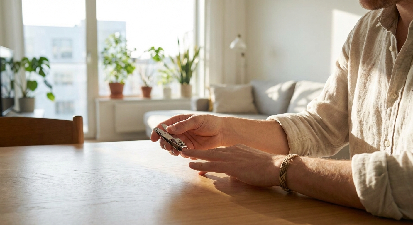 밝은 낮 햇빛 아래에서 손톱을 깎는 현대적인 모습