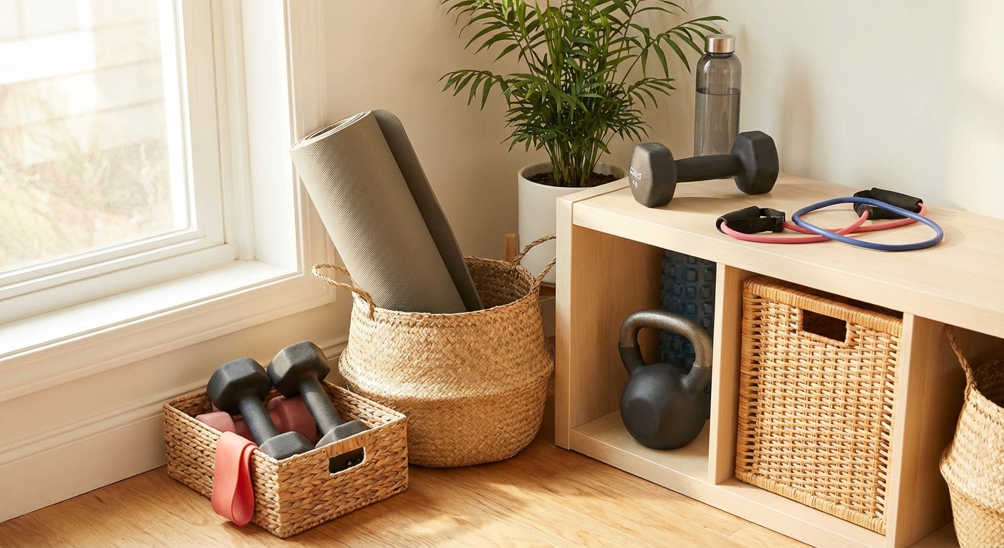 깨끗하게 정리된 운동 장비