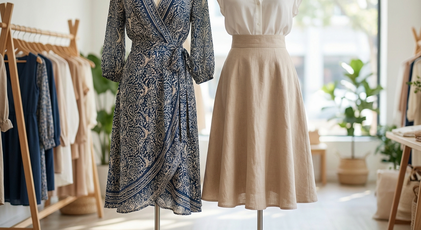 하체 커버에 효과적인 랩 원피스와 플레어 스커트 디테일