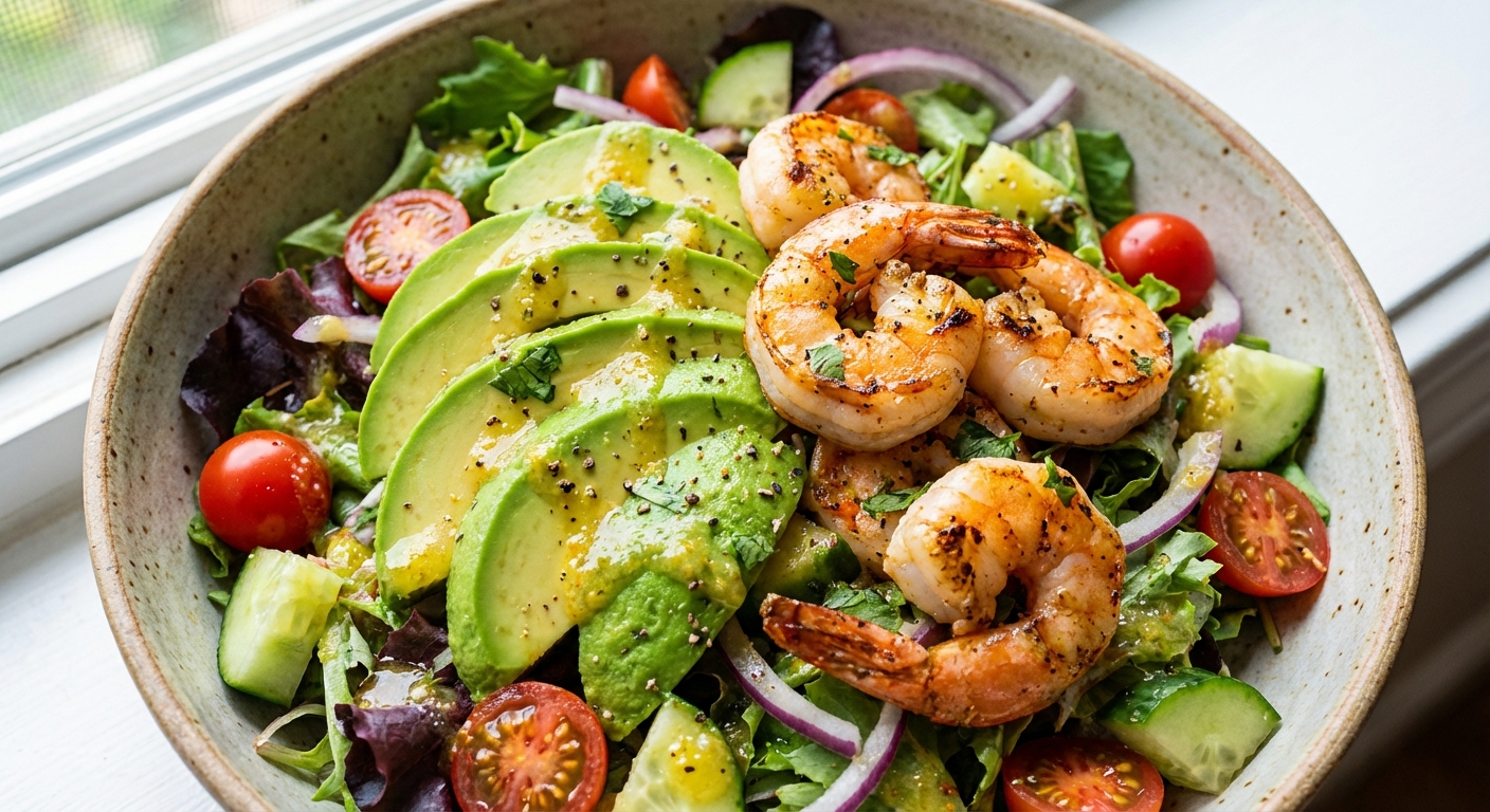 아보카도와 새우가 올라간 샐러드 클로즈업