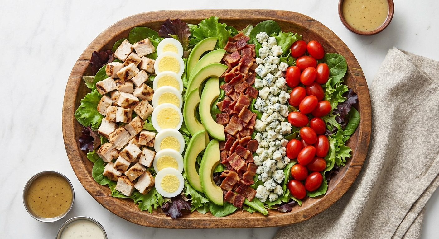 줄줄이 재료가 올라간 코브 샐러드 탑뷰