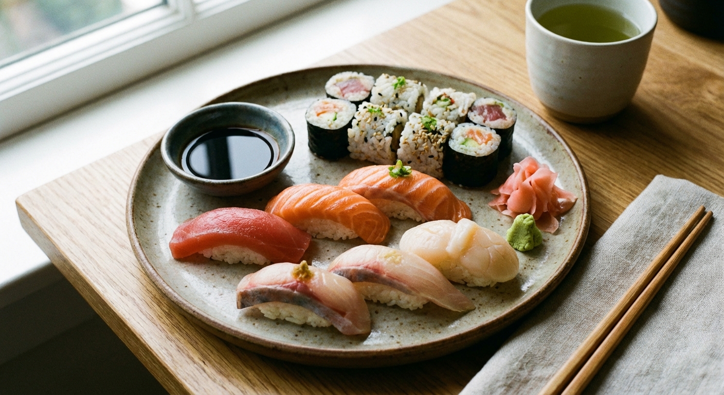 초밥과 간장 접시 그리고 초생강