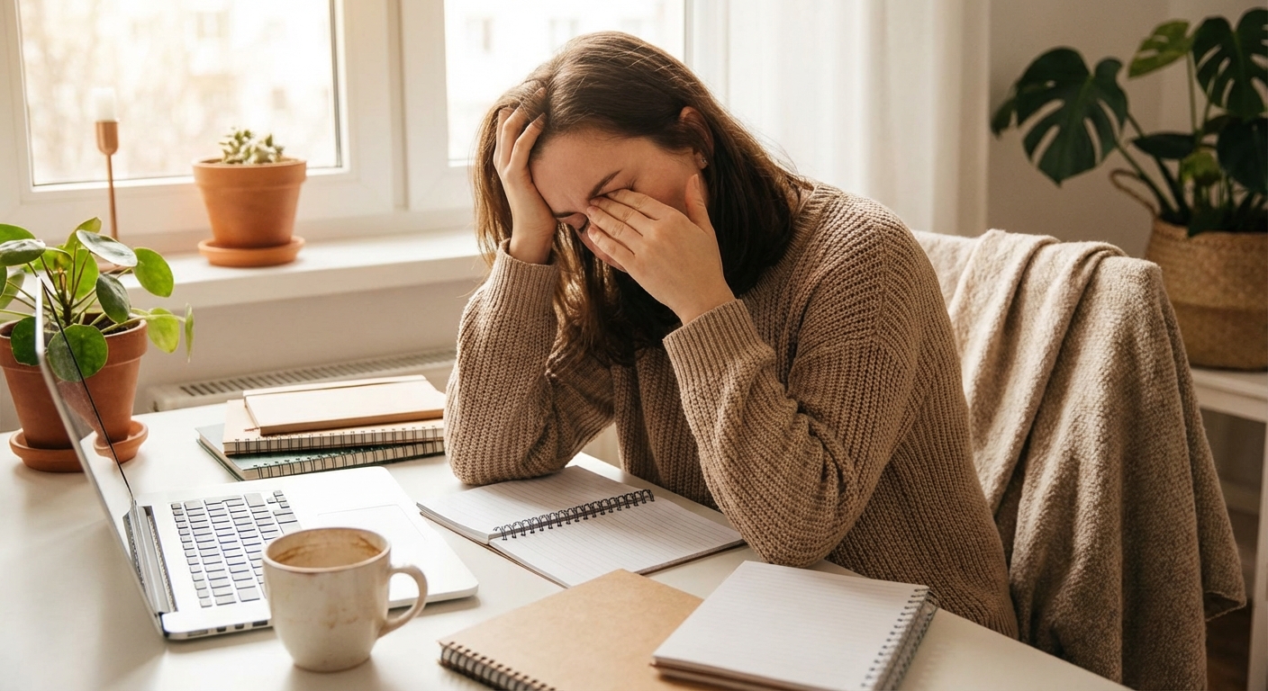 책상 앞에서 피곤해하는 직장인