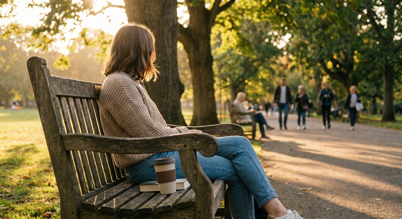 공원 벤치에서 쉬는 모습