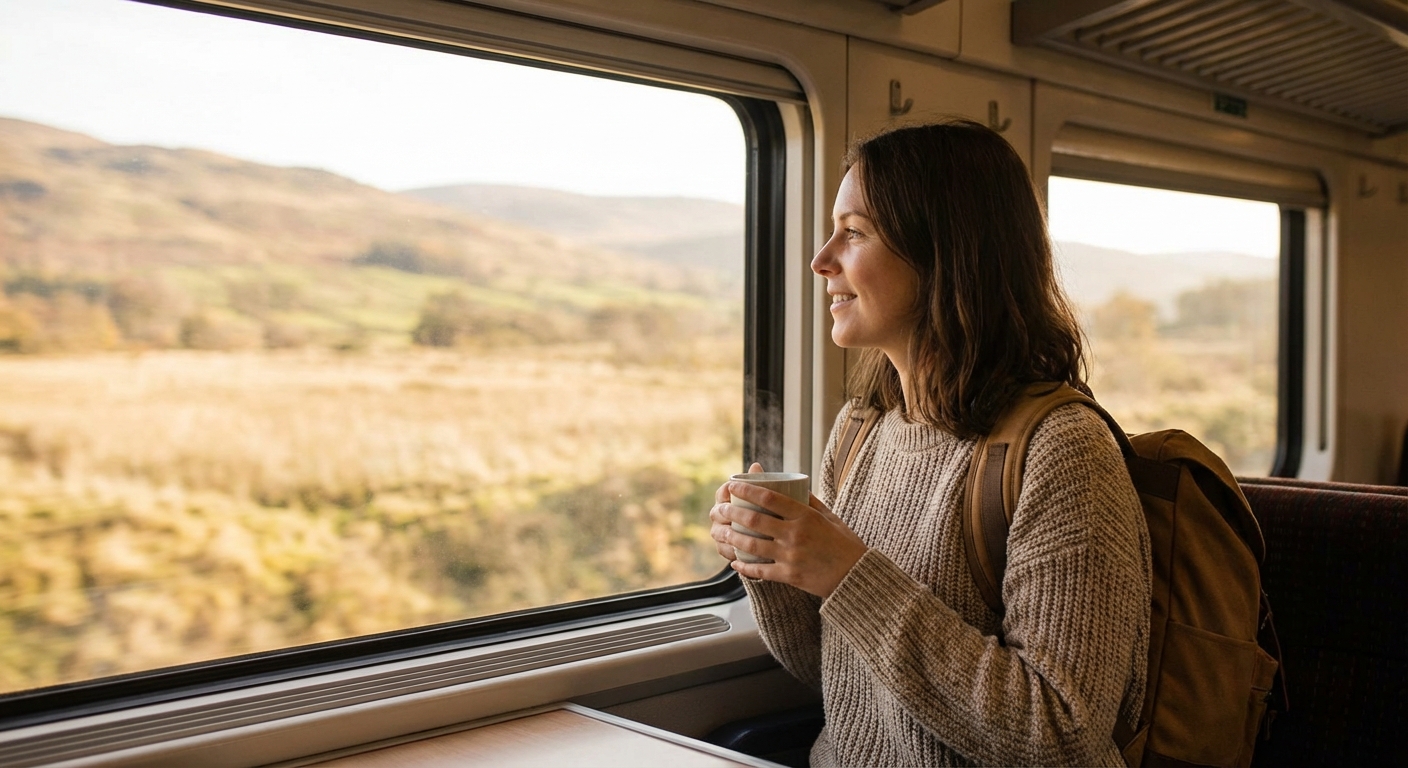 기차 창밖 풍경을 바라보는 여행자