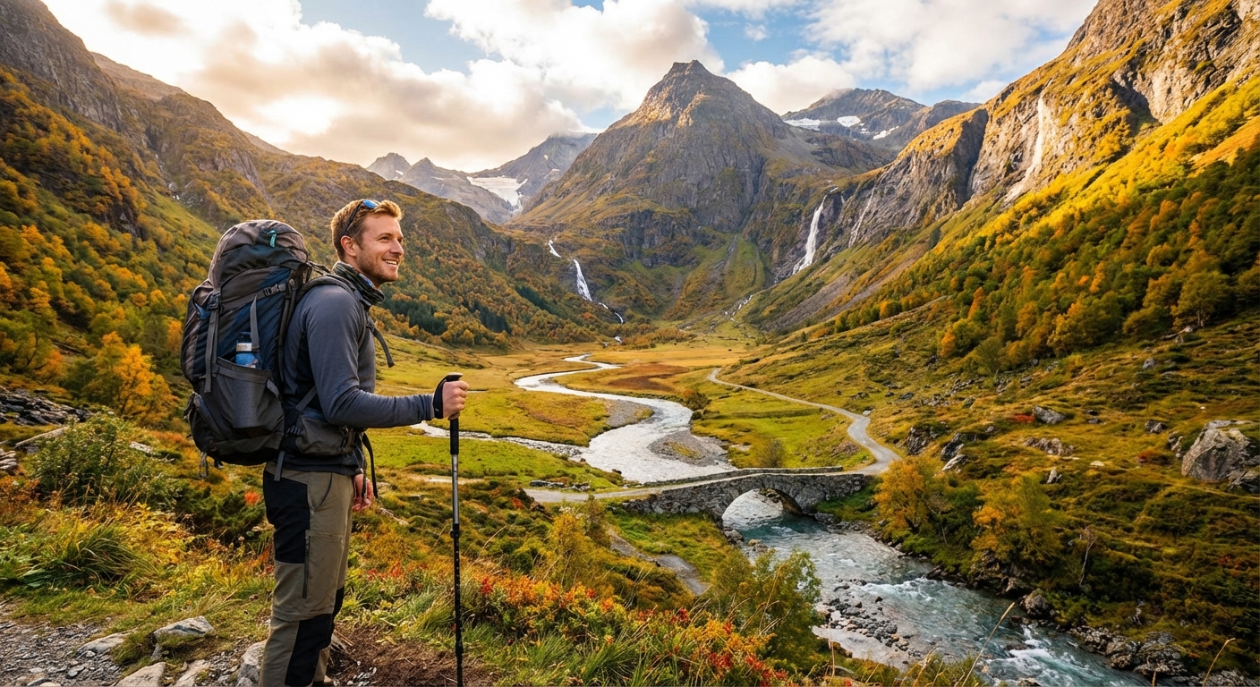트레킹 중인 여행자와 계곡 풍경