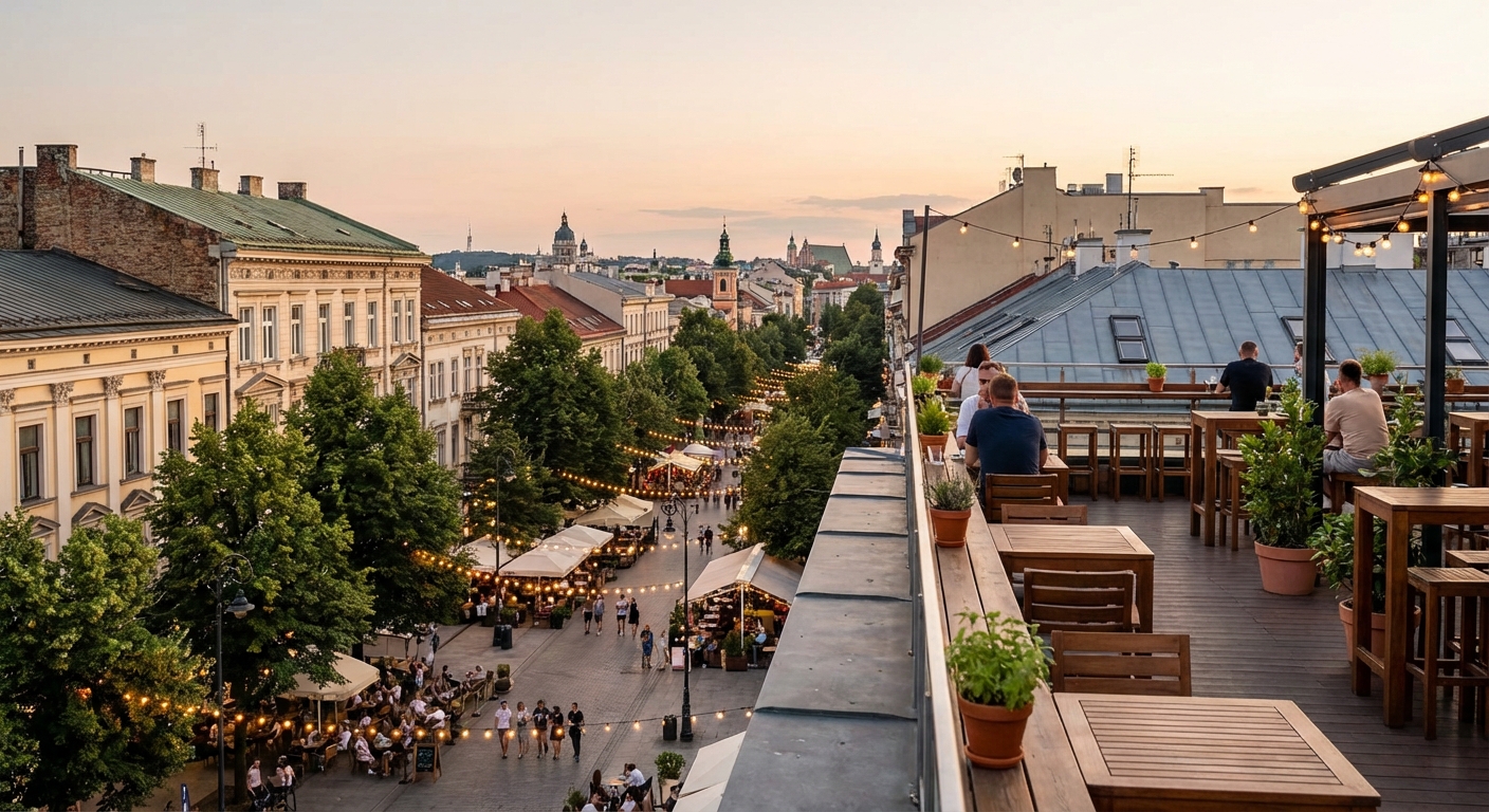 도심 카페 거리와 루프탑 뷰