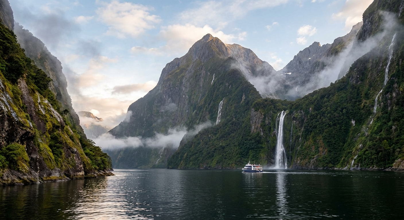 뉴질랜드 밀포드 사운드의 피오르드 절벽과 폭포