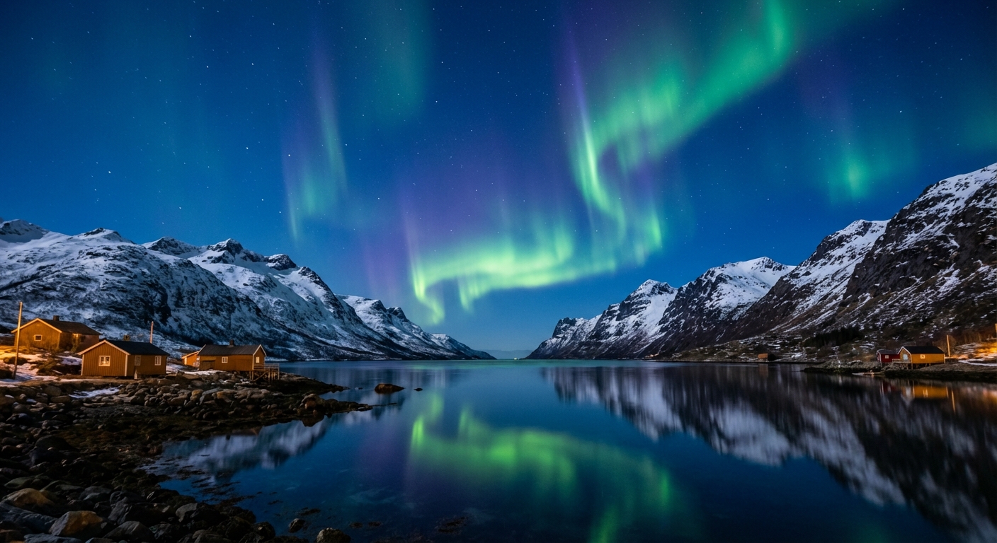 노르웨이 피오르드와 오로라가 함께 보이는 밤 풍경