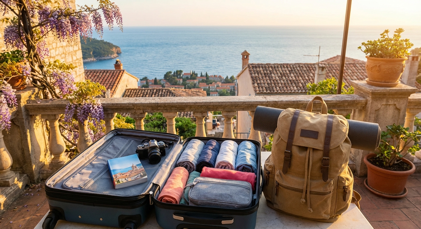 여행 준비물이 정리된 캐리어와 백팩