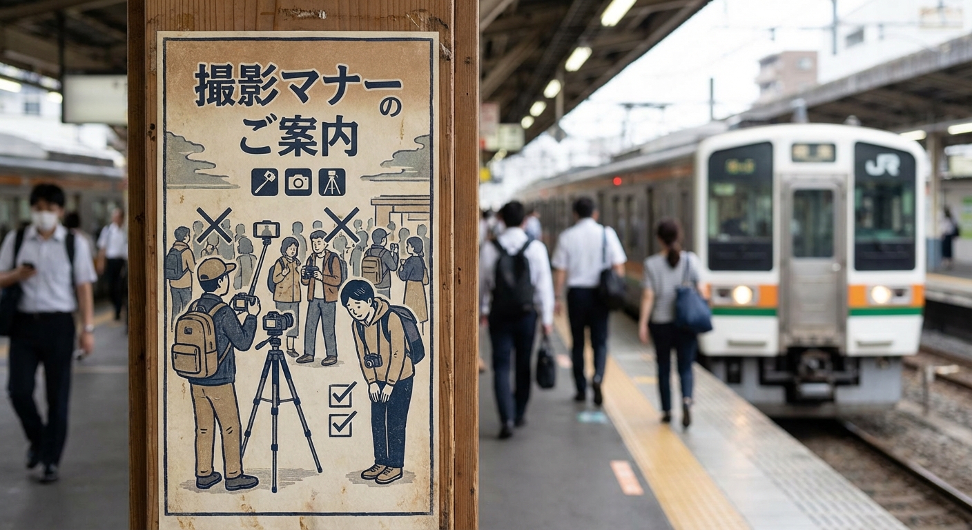 일본 역에 붙은 촬영 매너 안내 포스터