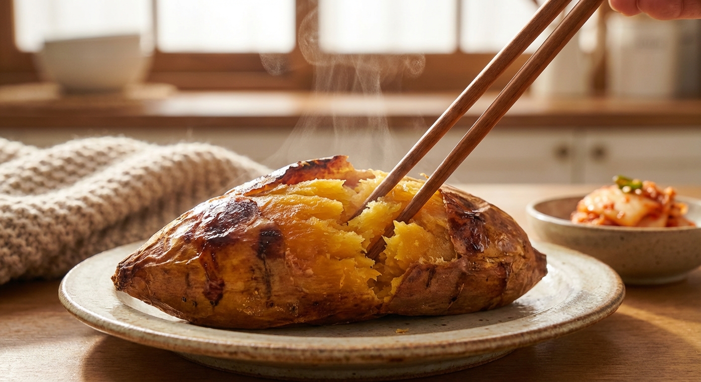 젓가락으로 고구마 찌르는 모습