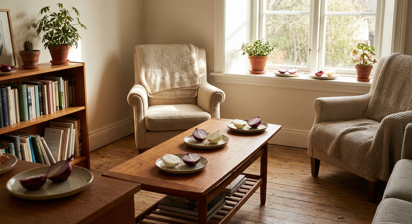 접시에 담긴 반 자른 양파를 거실 곳곳에 배치한 모습