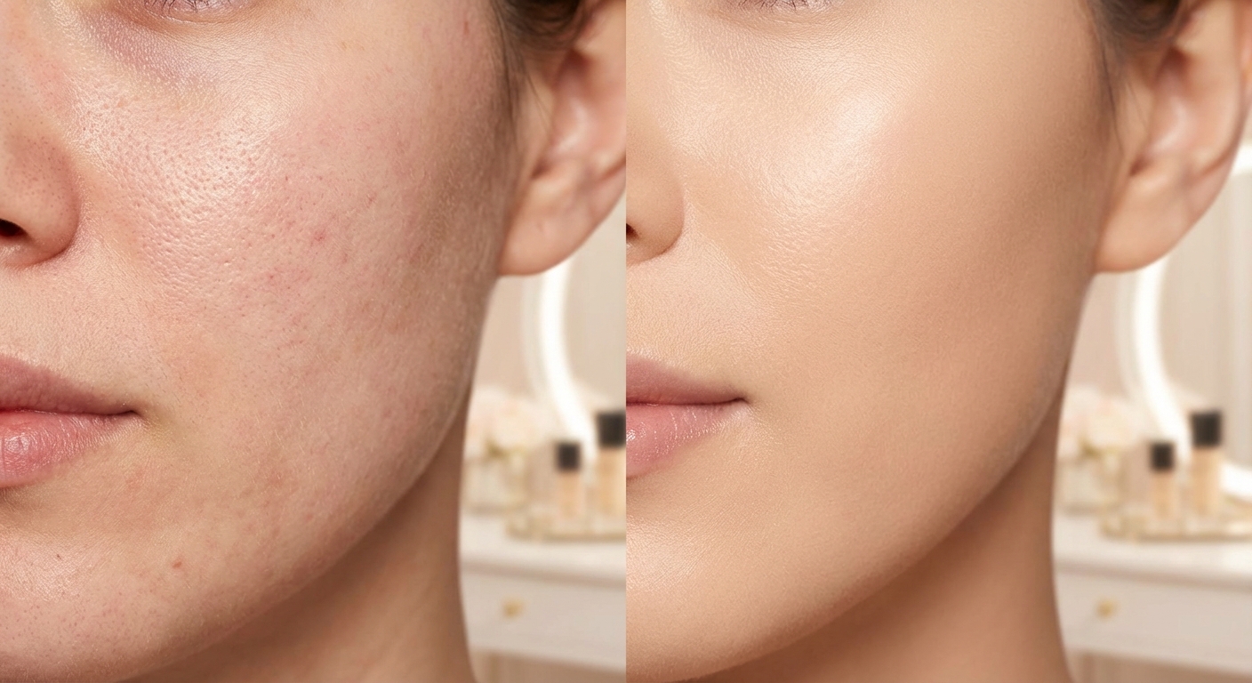 파운데이션 발림 전후 피부 결 클로즈업