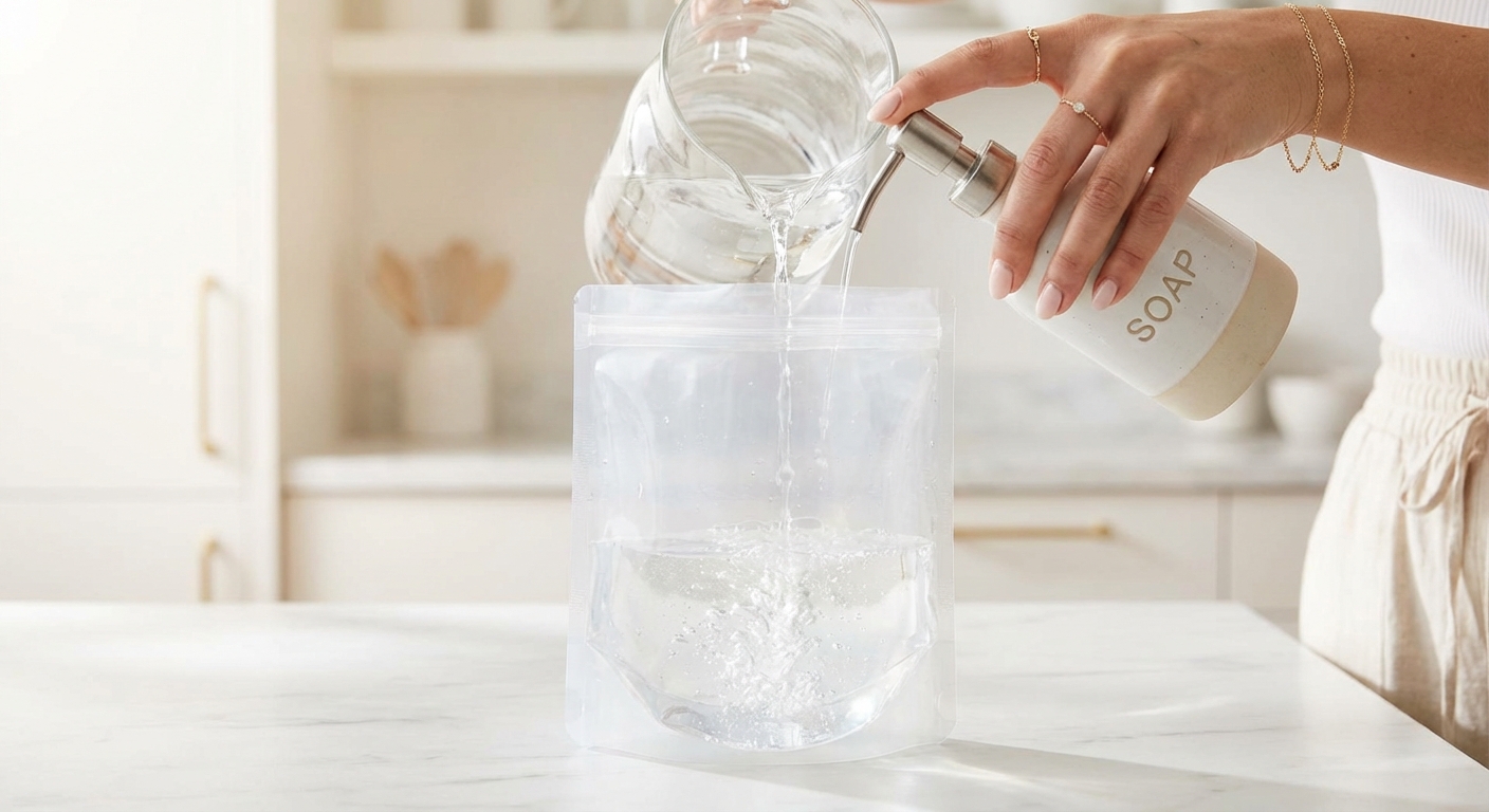 비닐봉지에 물과 세제를 넣는 모습