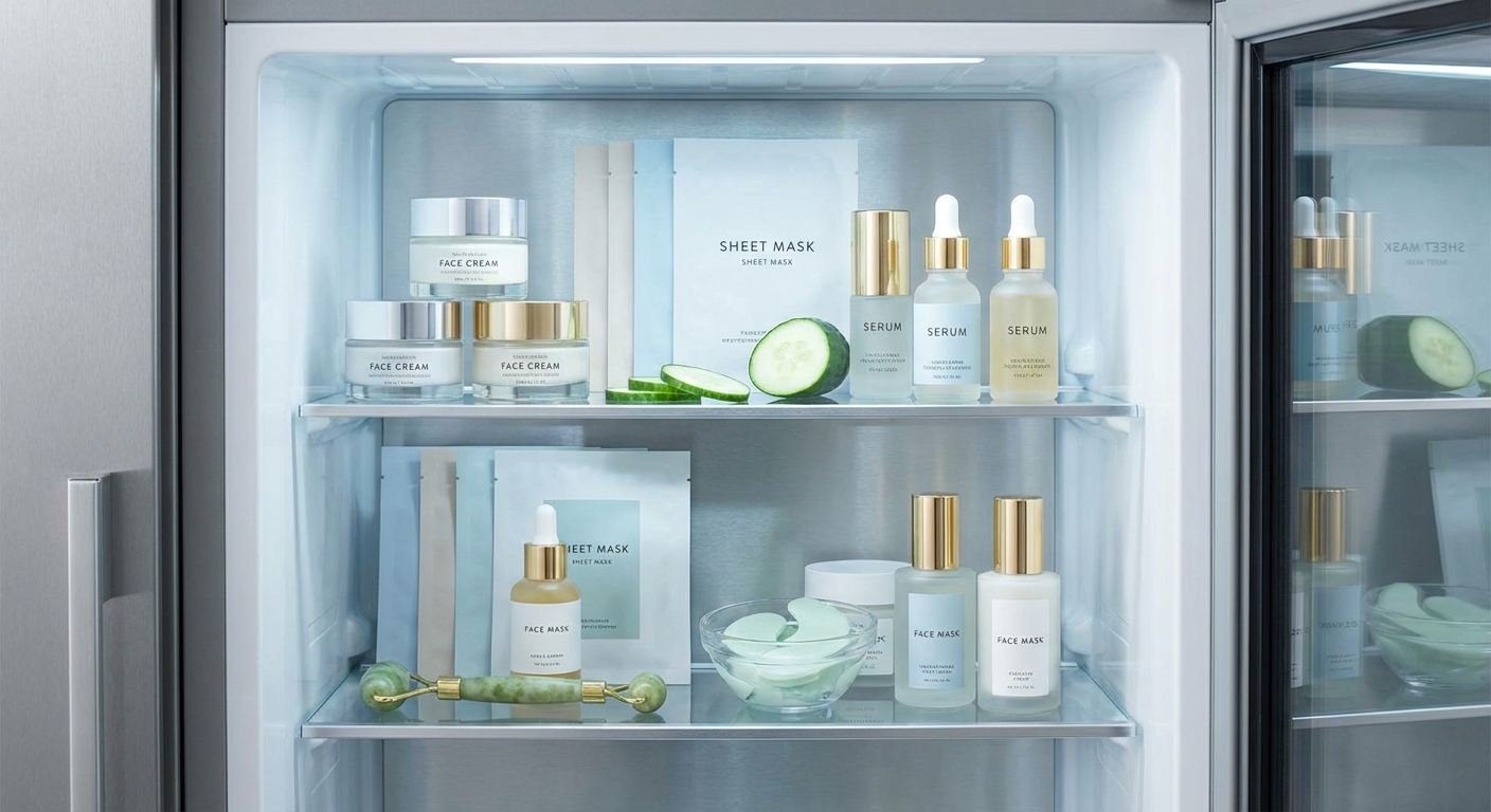 냉장고에 보관된 스킨케어 제품들