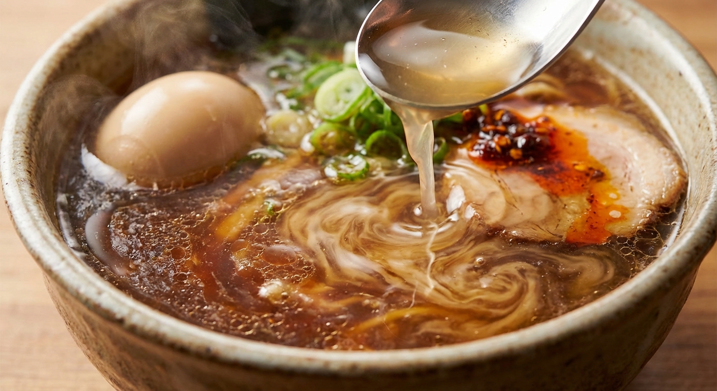 식초가 든 라면 국물 클로즈업