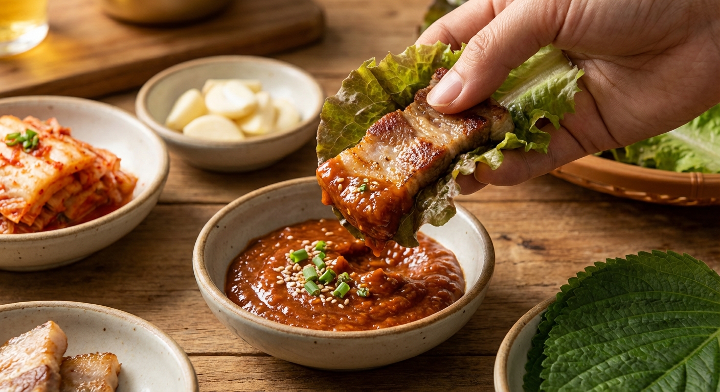 완성된 쌈장을 고기에 찍어 먹는 장면