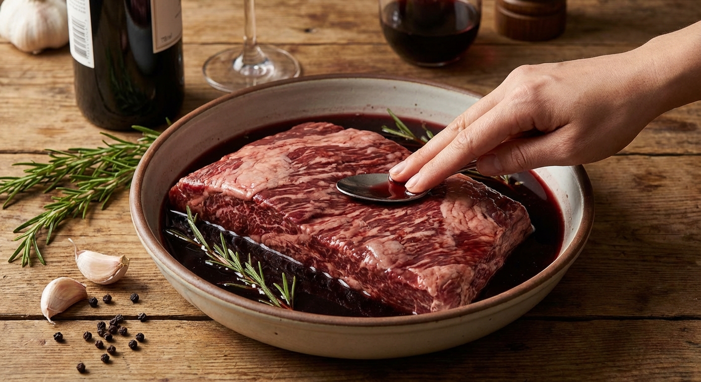 와인으로 고기를 재우는 모습