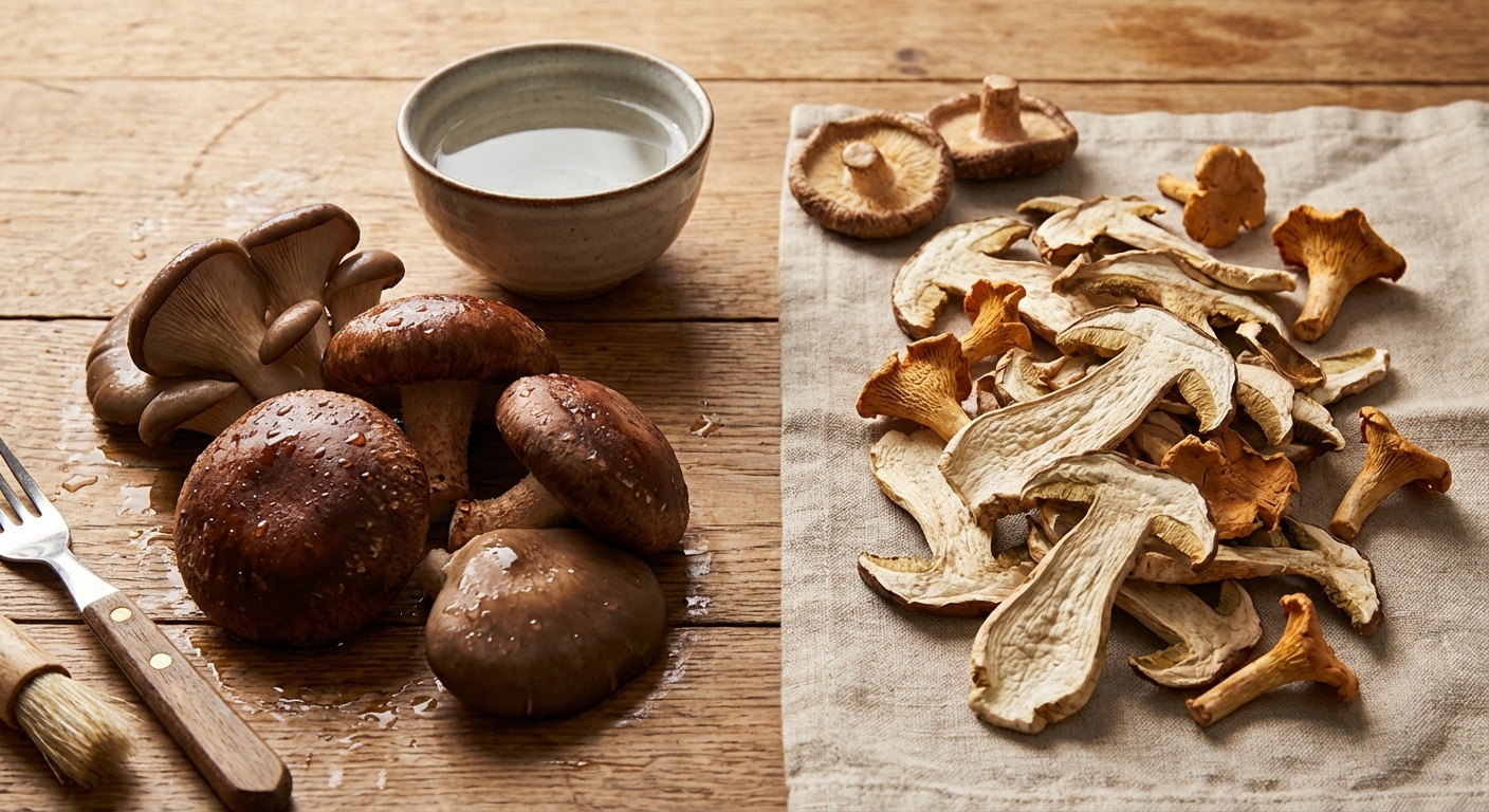 물에 젖은 버섯과 마른 버섯 비교