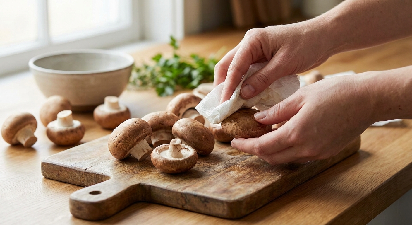 키친타월로 버섯을 닦는 모습