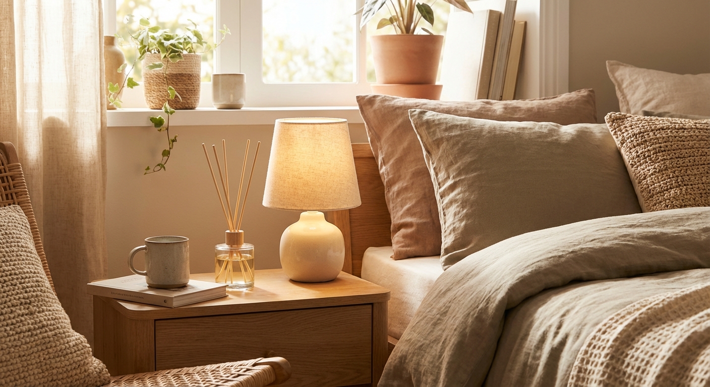 침대 옆 무드등과 디퓨저가 놓인 침실 풍경