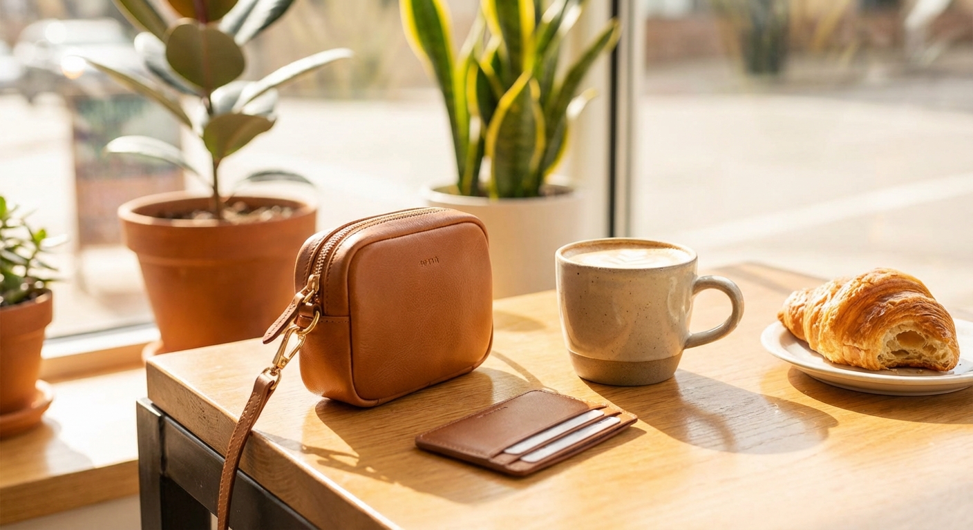 미니백과 카드지갑이 놓인 카페 테이블 위 풍경