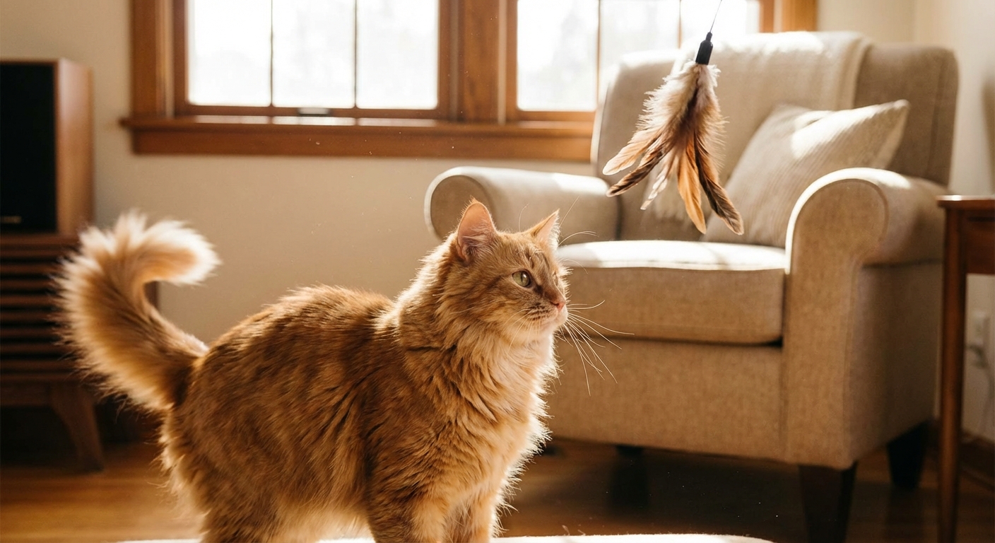 장난감을 응시하며 꼬리를 흔드는 고양이