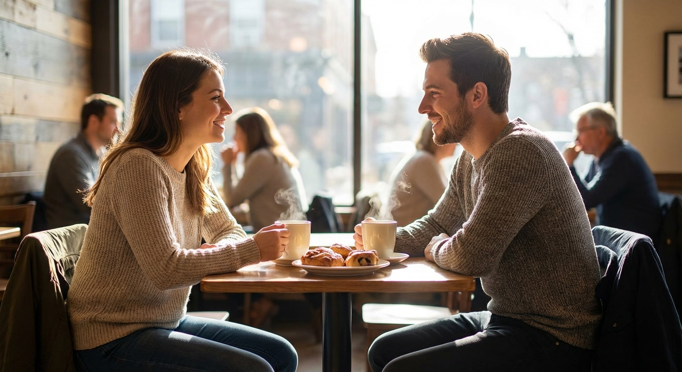 카페에서 마주 앉아 이야기하는 두 사람