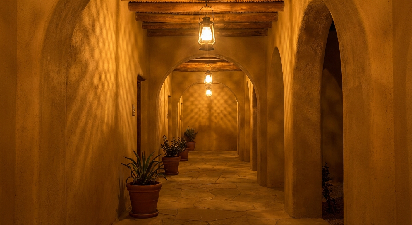 노란색 조명이 비추는 복도