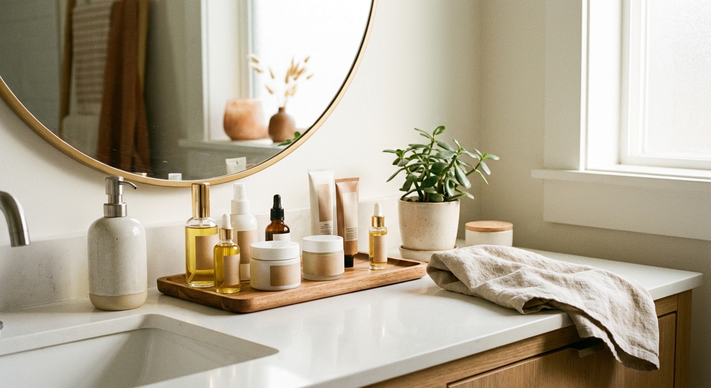 깨끗하게 정돈된 세면대 위 스킨케어 제품들