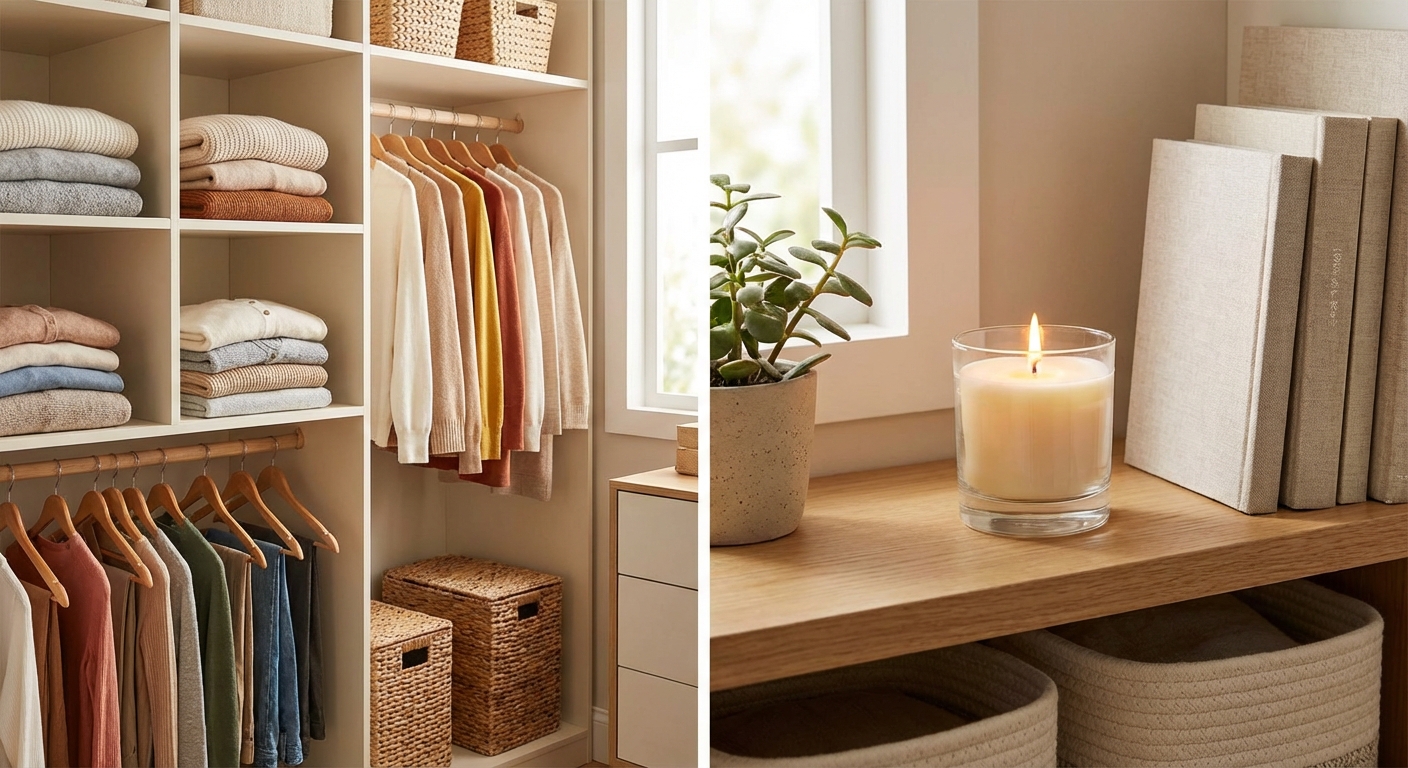 깔끔하게 정리된 옷장 내부와 향초