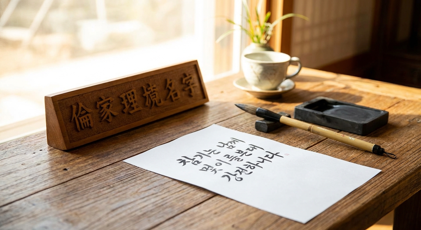 사주팔자 명판과 붓글씨 이미지