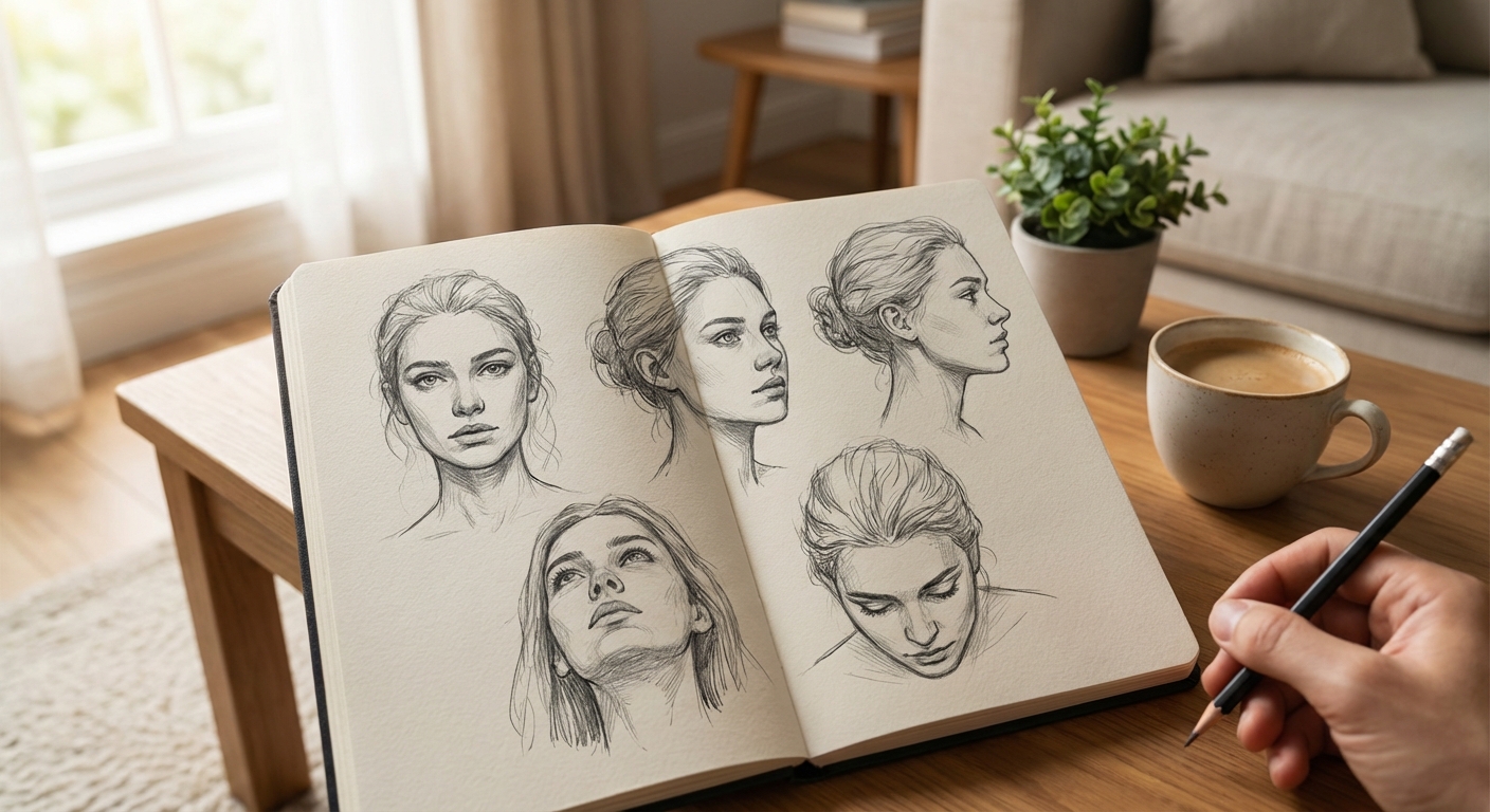 다양한 얼굴 각도 스케치 이미지