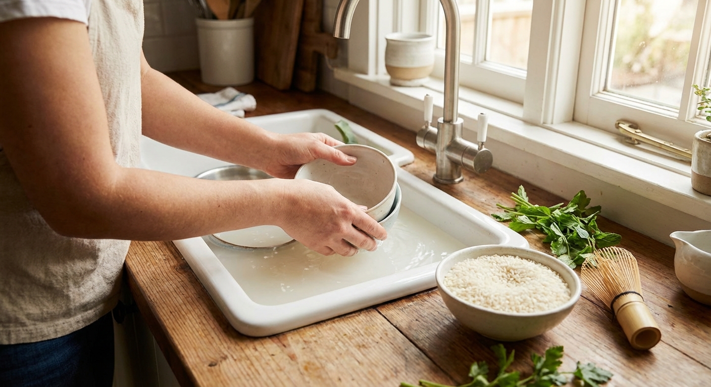 쌀뜨물로 설거지하는 모습