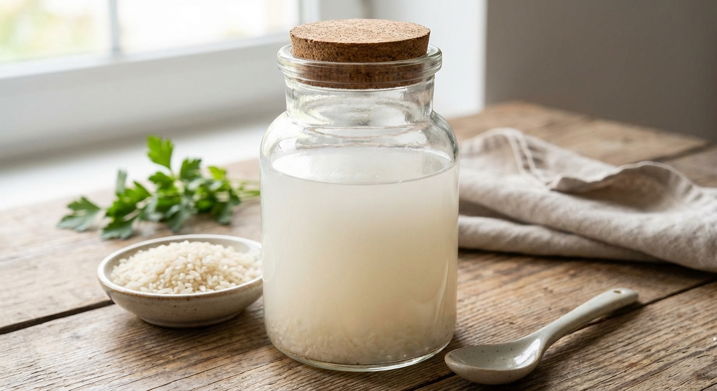 쌀뜨물을 유리병에 담아 보관한 모습