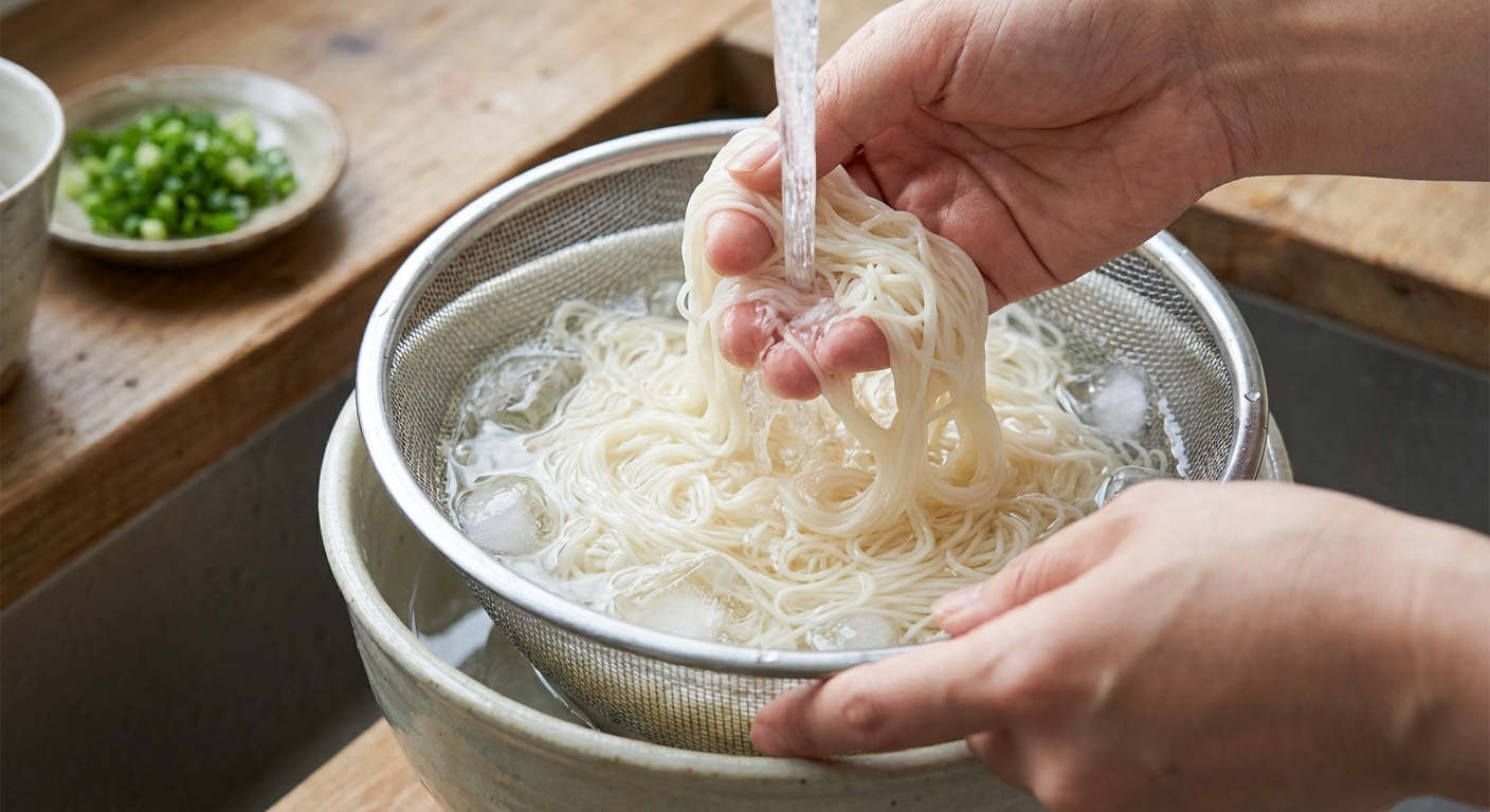 찬물에 소면을 헹구는 모습