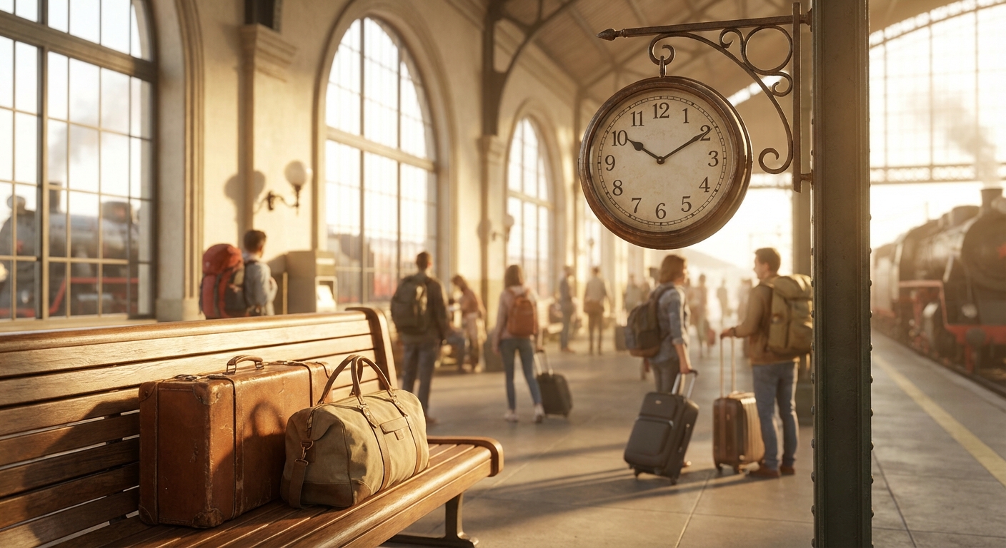 기차역 대합실 시계와 여행 가방