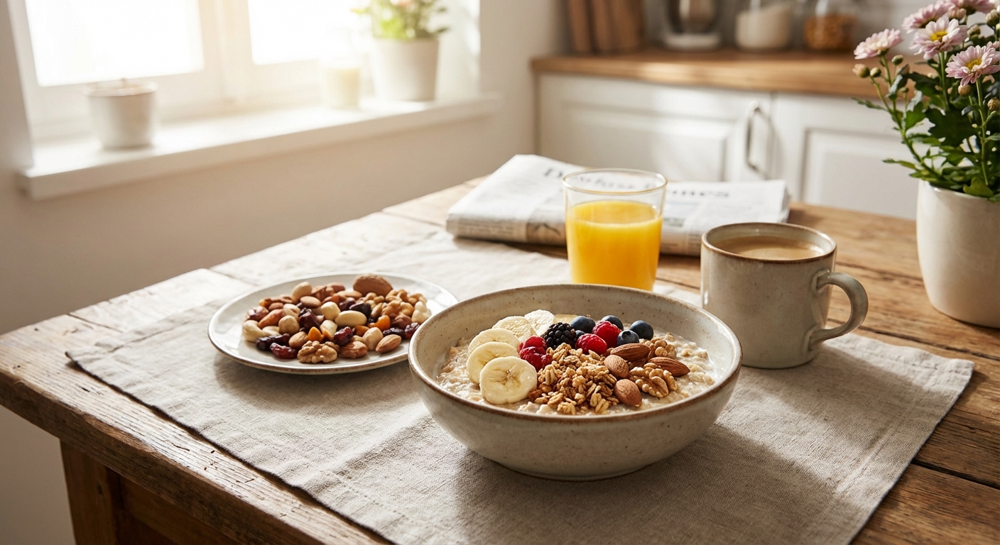 통곡물과 과일, 견과류가 담긴 아침 식사