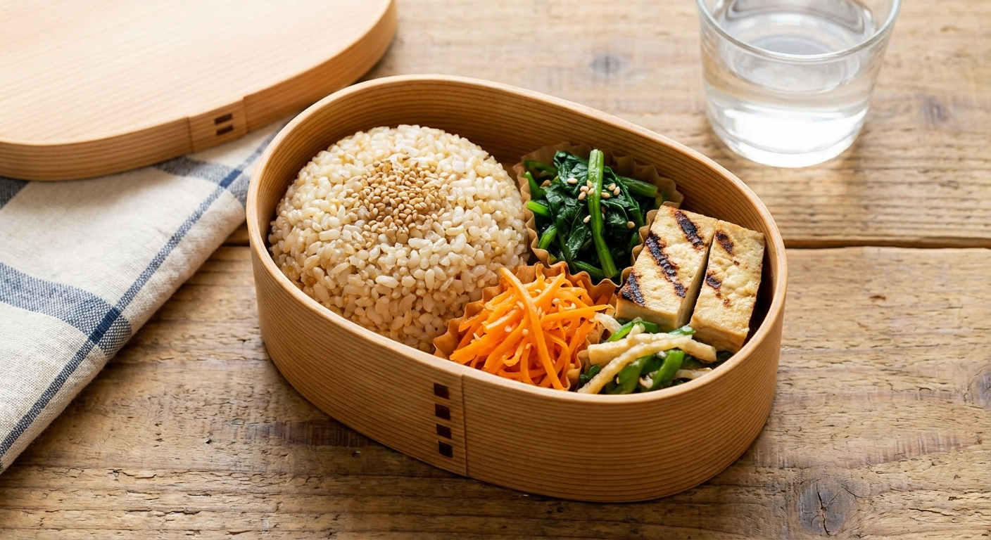 건강한 도시락 안 현미밥과 채소 반찬