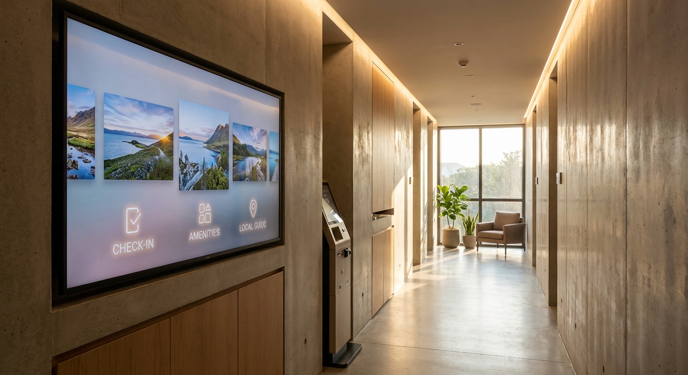 무인 숙소 복도와 디지털 안내판