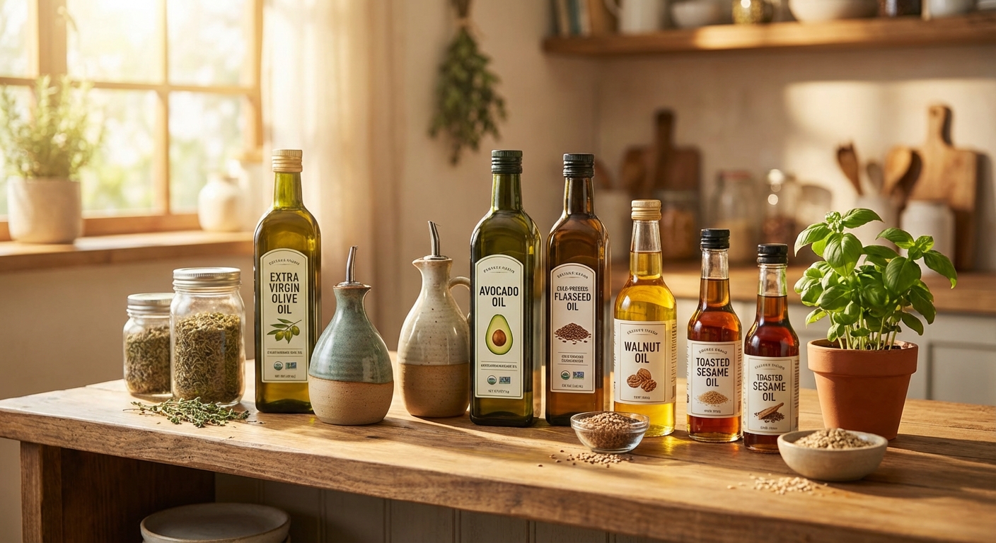 주방 선반에 정리된 건강한 오일들