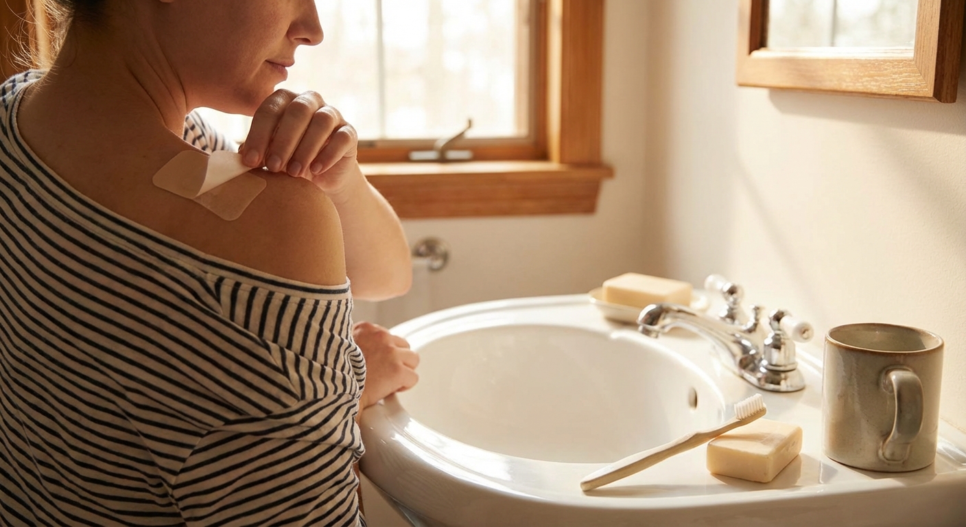 아침 세면대에서 파스를 떼는 모습