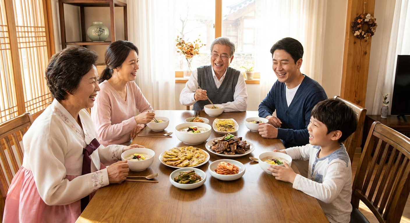가족이 함께 둘러앉은 명절 식탁